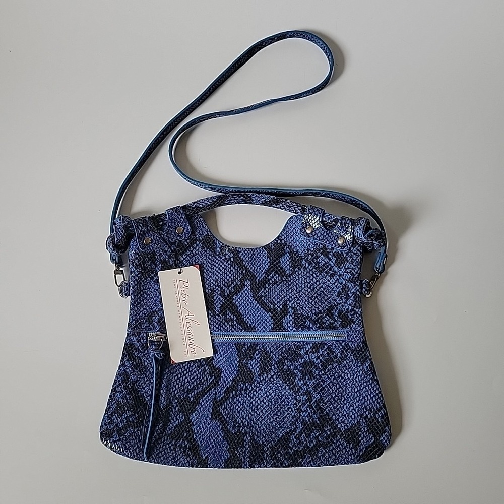 Pietro Alessandro NYC Snakeskin Leather Crossbody Satchel Bag Blue Croc Embossed
